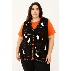 VTG Basic Editions Halloween Teacher Sweater Vest Ghosts Boo Embroidered Size XL